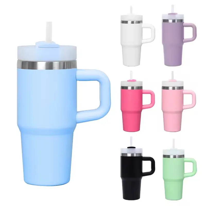 New American Style 420ml_14oz Stainless Steel Double Wall Insulated Drinking Cup Travel Tumbler with Handle & Straw
