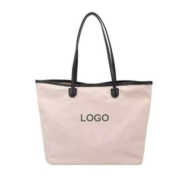 Custom Logo Simple Design Large Capacity Canvas Tote Bag with PU Handle